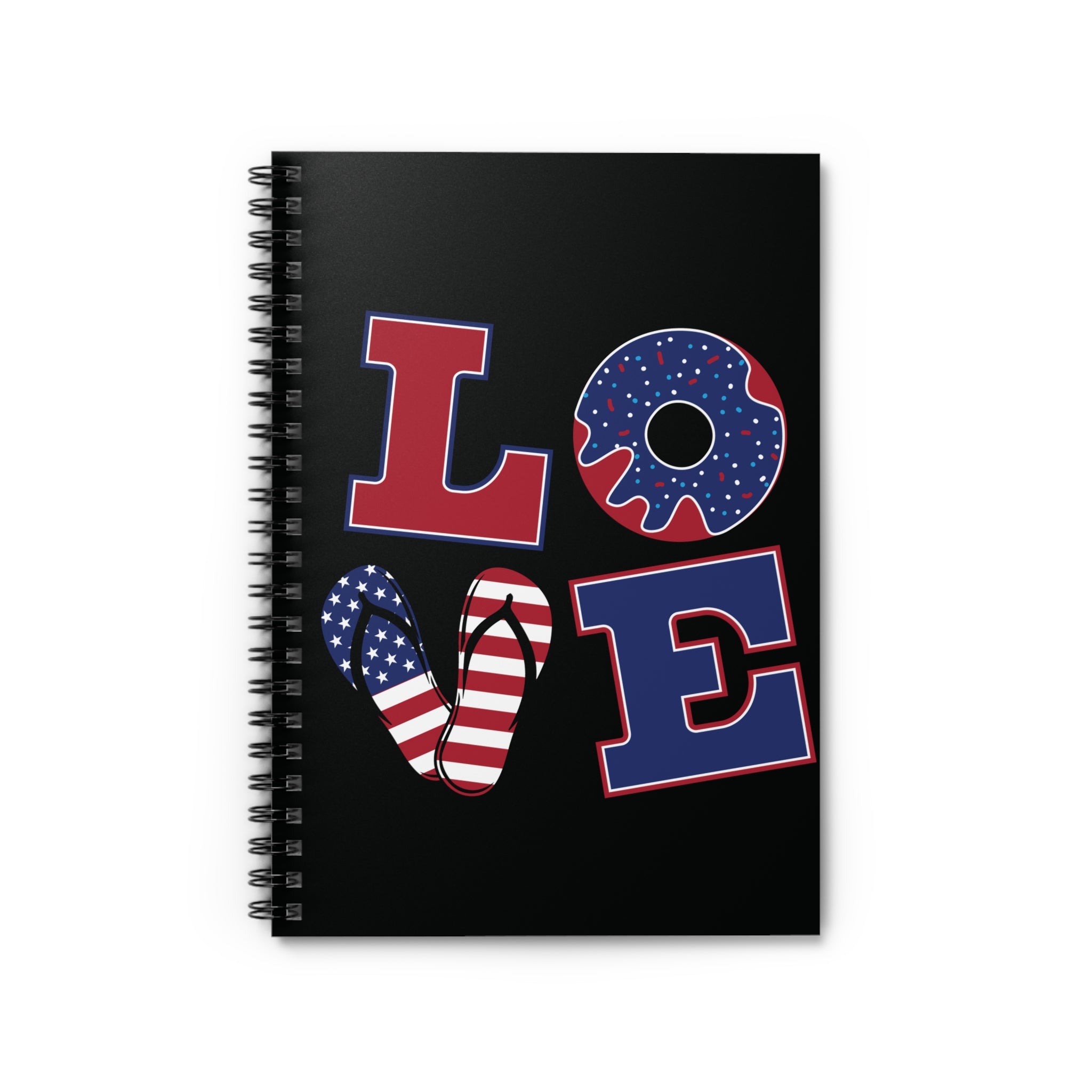 Patriotic LOVE Spiral Notebook — American Flag Donut & Flip-Flop Design (Ruled)