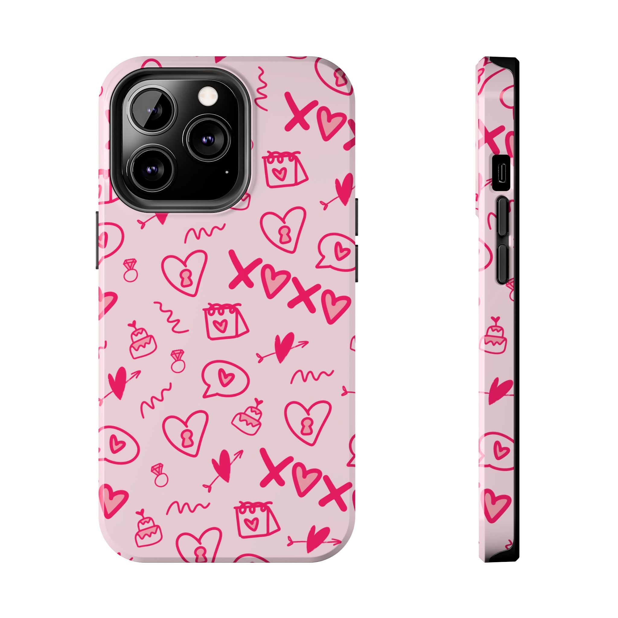 Pink Doodle Hearts Tough Phone Case — XOXO Love Pattern Protective Cover