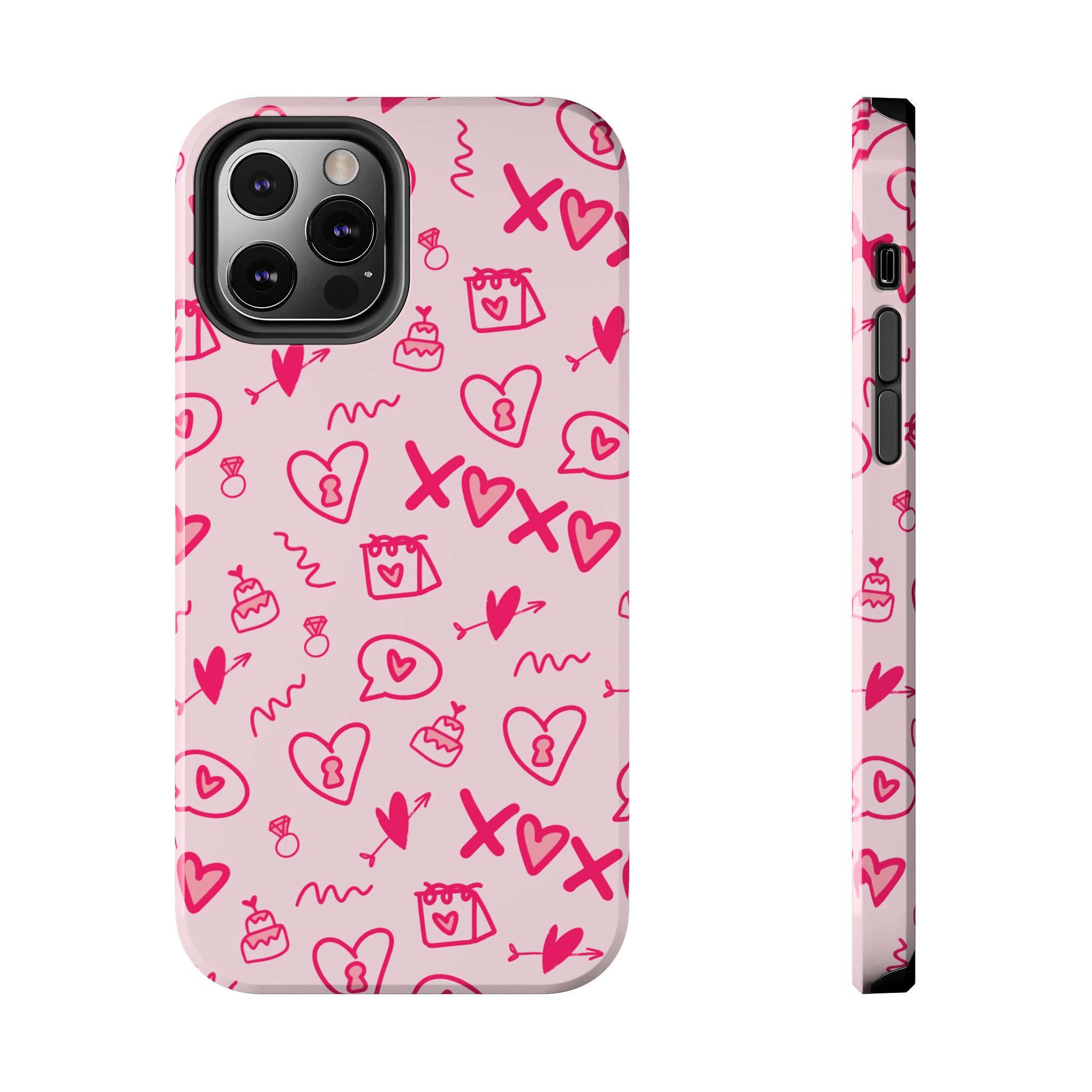 Pink Doodle Hearts Tough Phone Case — XOXO Love Pattern Protective Cover