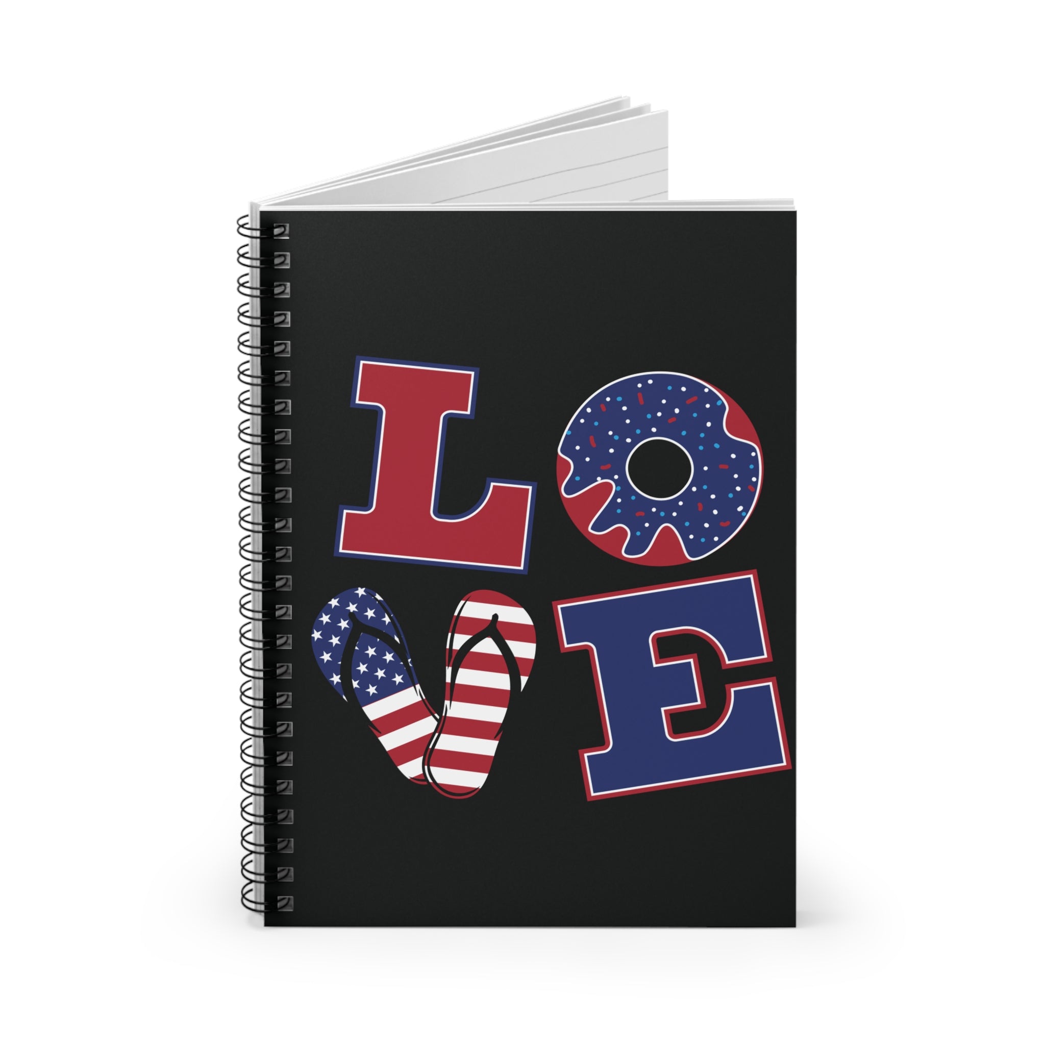 Patriotic LOVE Spiral Notebook — American Flag Donut & Flip-Flop Design (Ruled)