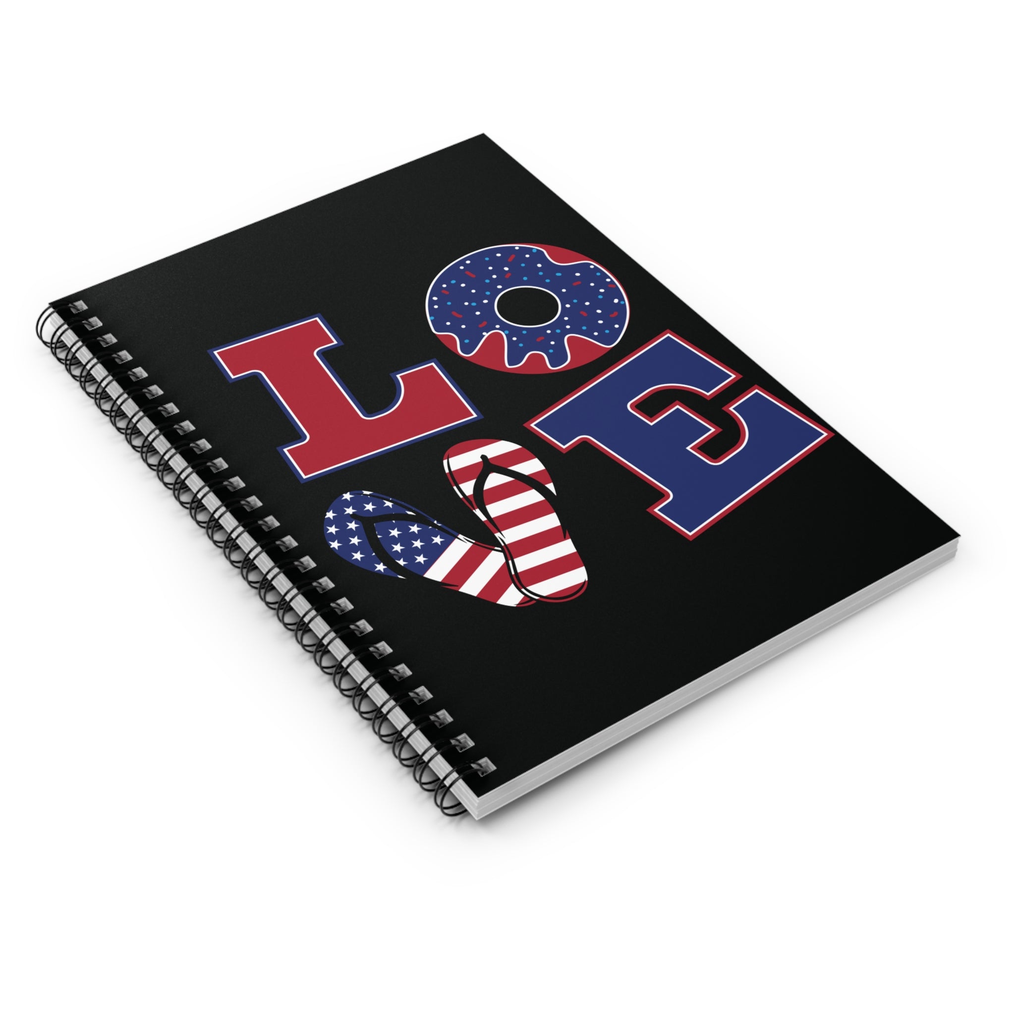 Patriotic LOVE Spiral Notebook — American Flag Donut & Flip-Flop Design (Ruled)