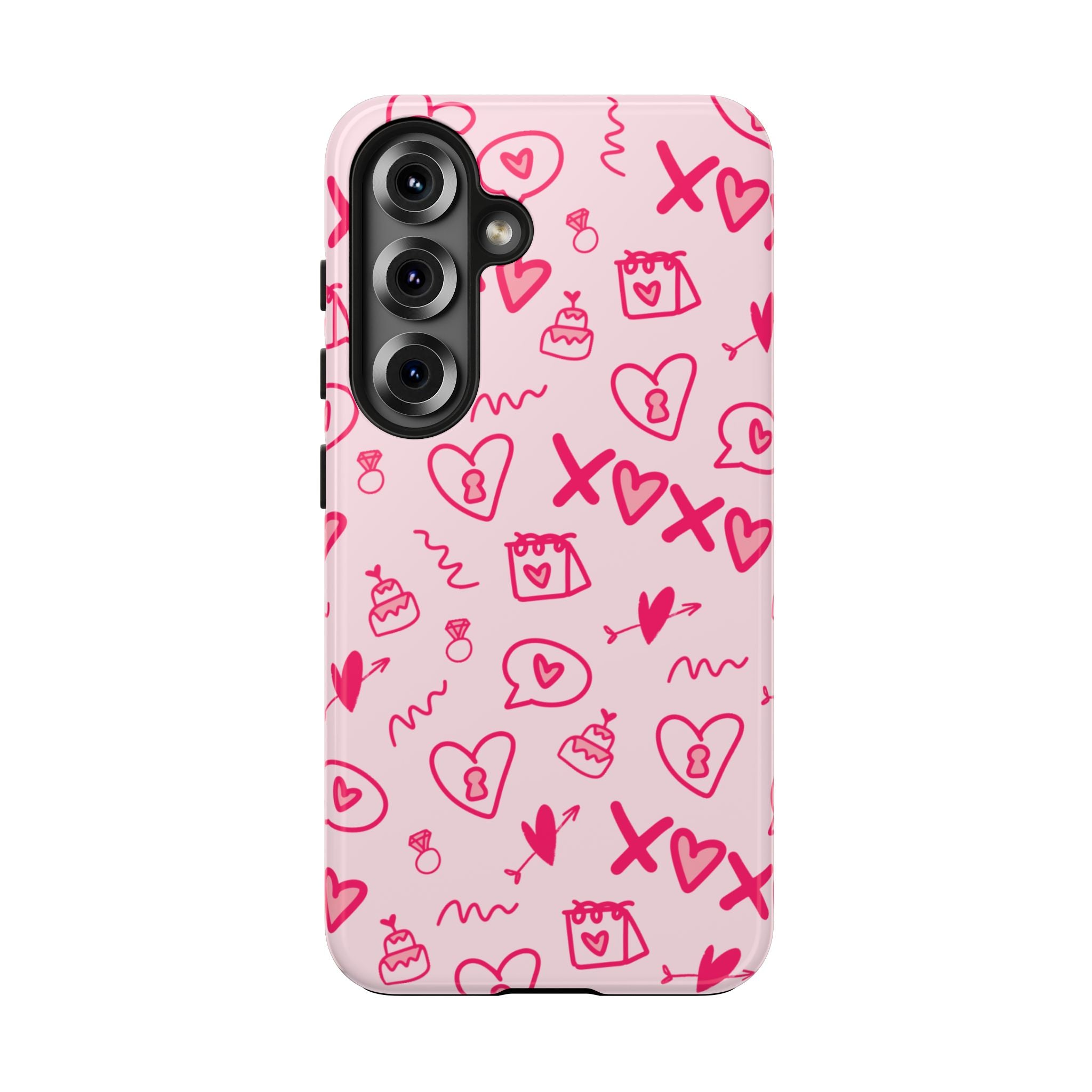 Pink Doodle Hearts Tough Phone Case — XOXO Love Pattern Protective Cover