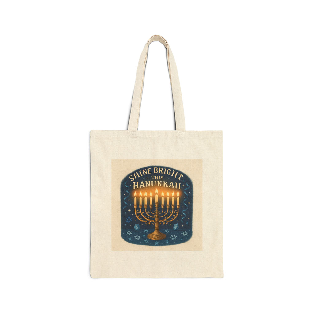 Hanukkah Menorah Tote Bag — "Shine Bright This Hanukkah" Cotton Canvas Gift Tote