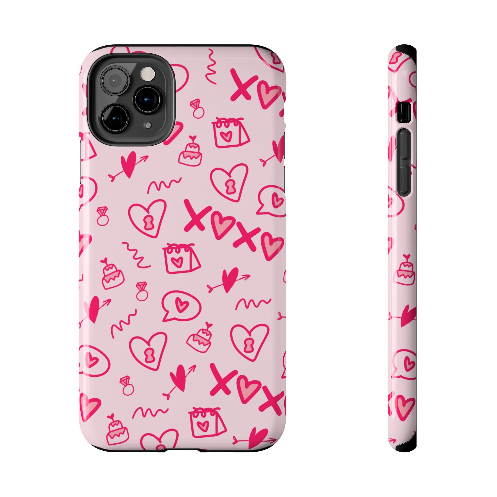 Pink Doodle Hearts Tough Phone Case — XOXO Love Pattern Protective Cover