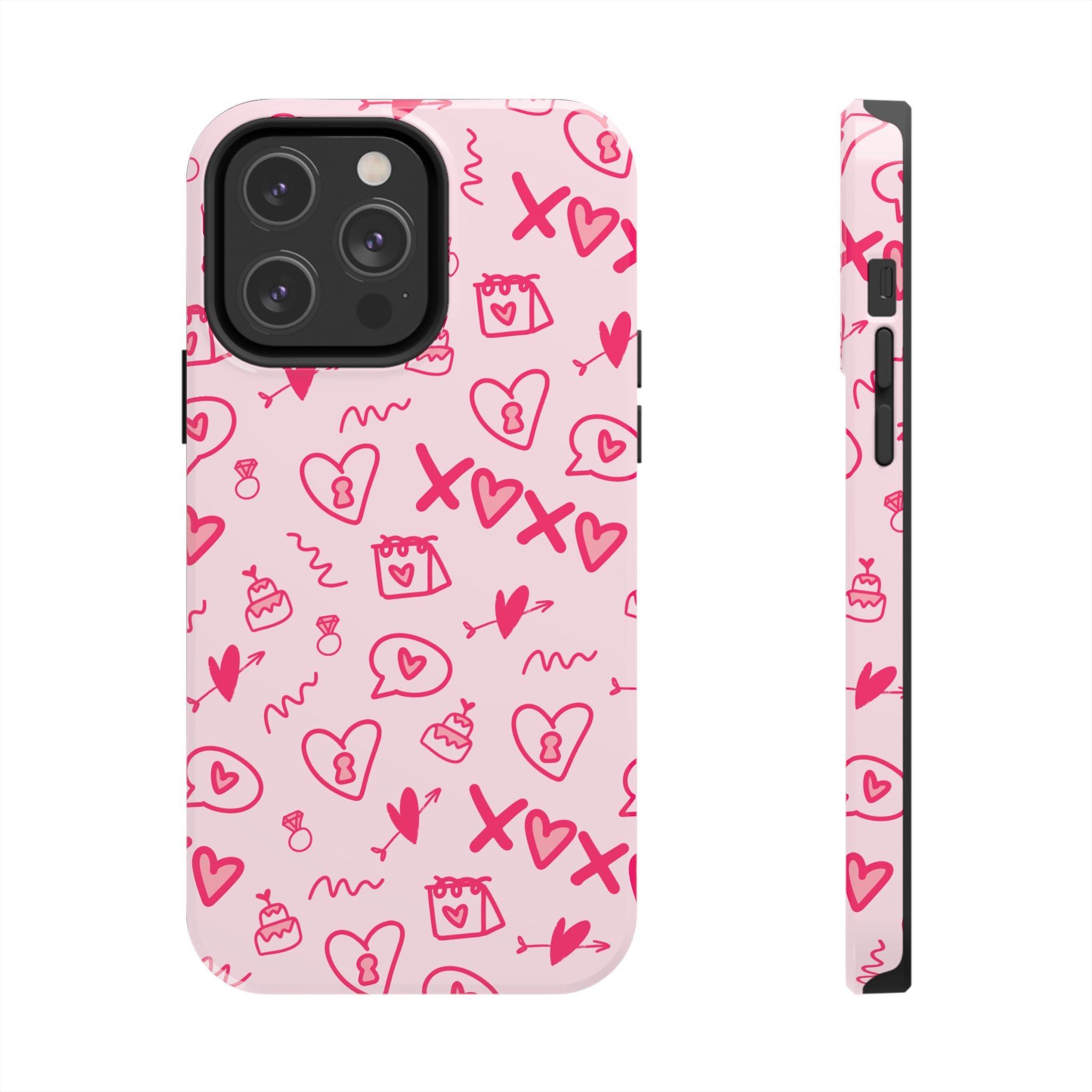 Pink Doodle Hearts Tough Phone Case — XOXO Love Pattern Protective Cover