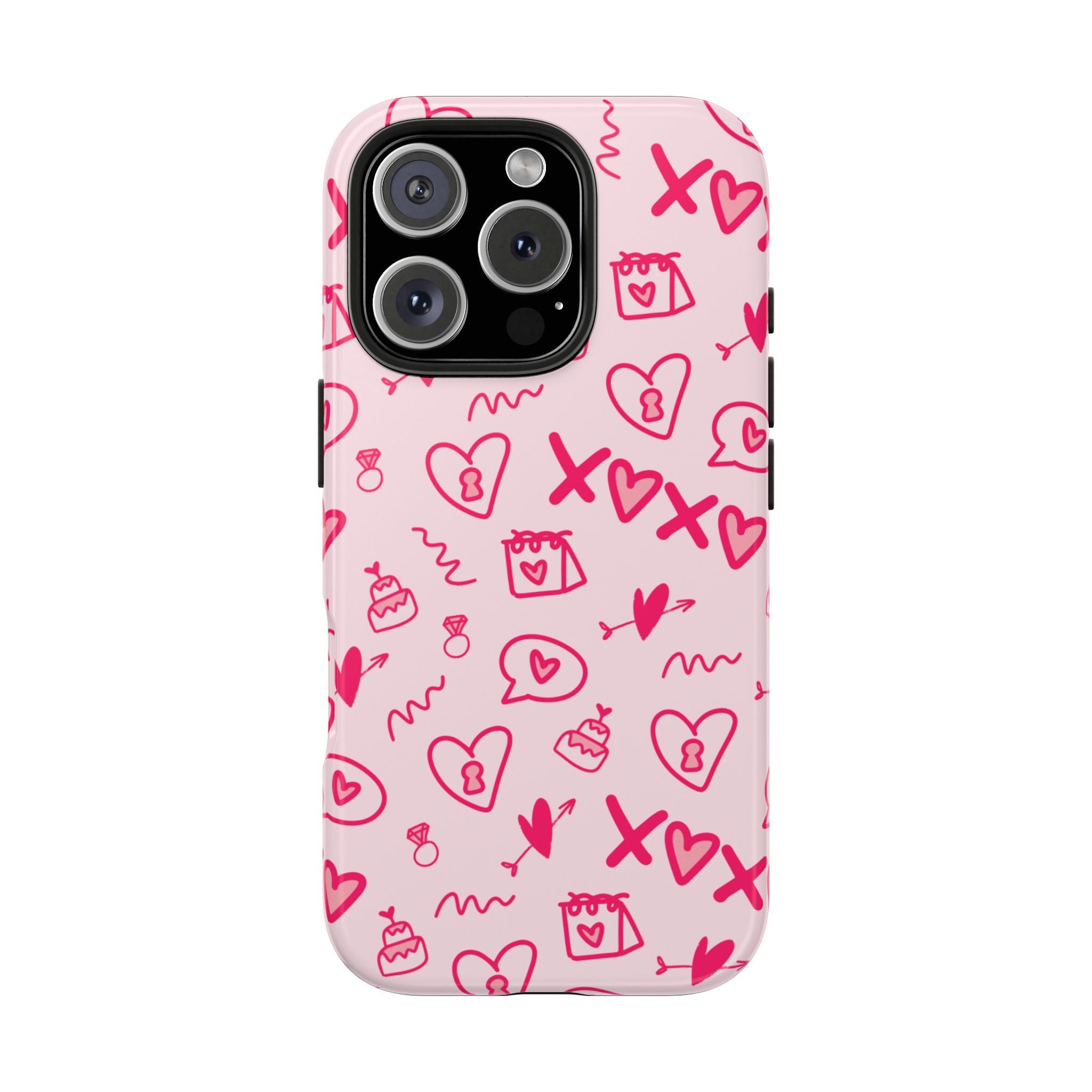 Pink Doodle Hearts Tough Phone Case — XOXO Love Pattern Protective Cover