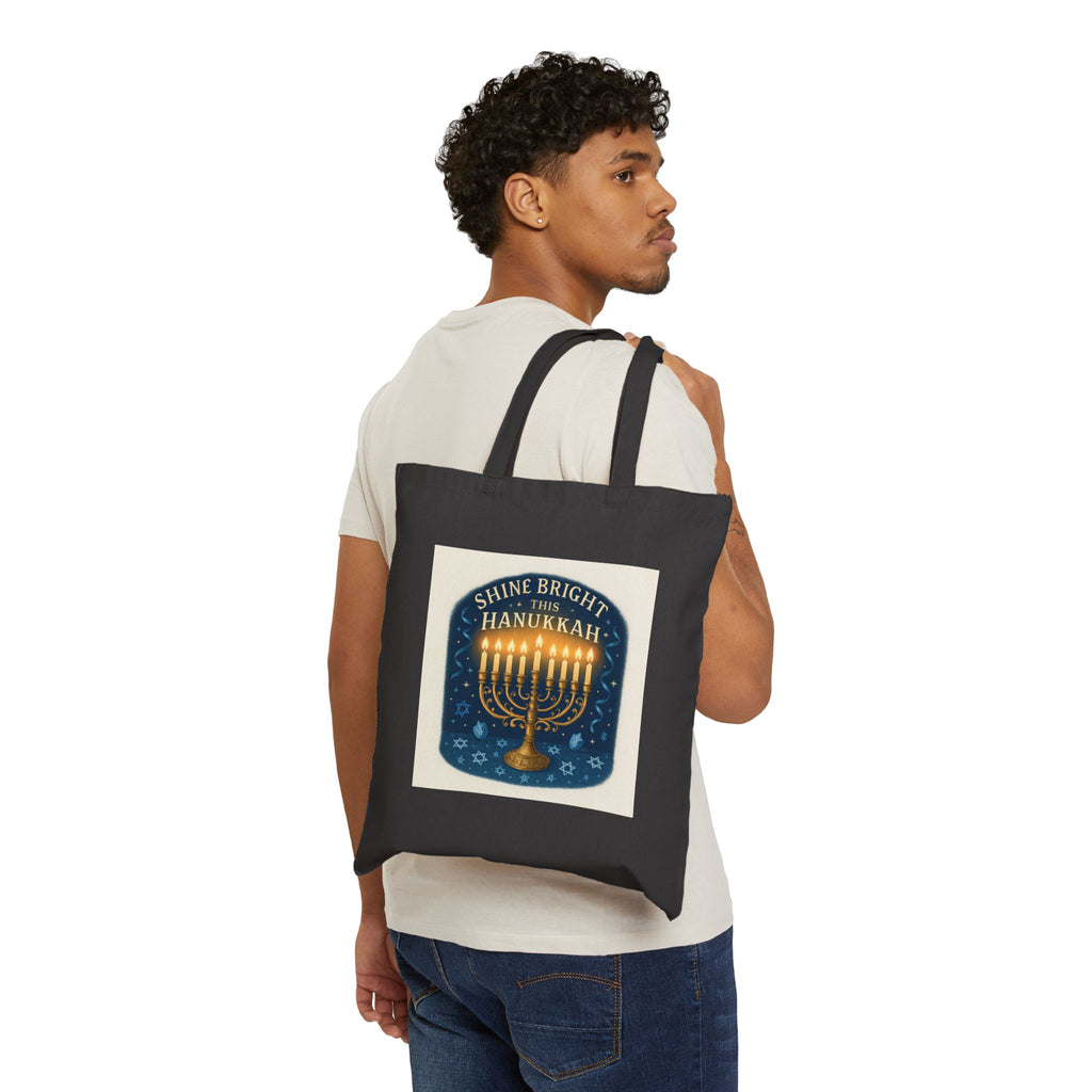 Hanukkah Menorah Tote Bag — "Shine Bright This Hanukkah" Cotton Canvas Gift Tote