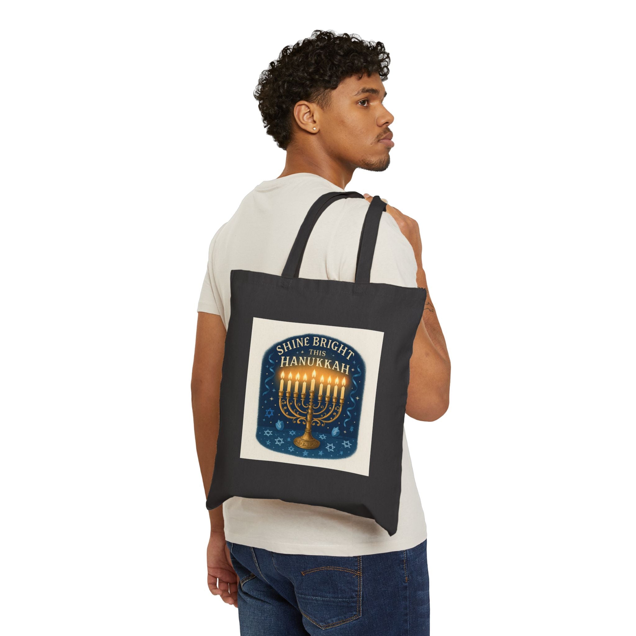Hanukkah Menorah Tote Bag — "Shine Bright This Hanukkah" Cotton Canvas Gift Tote