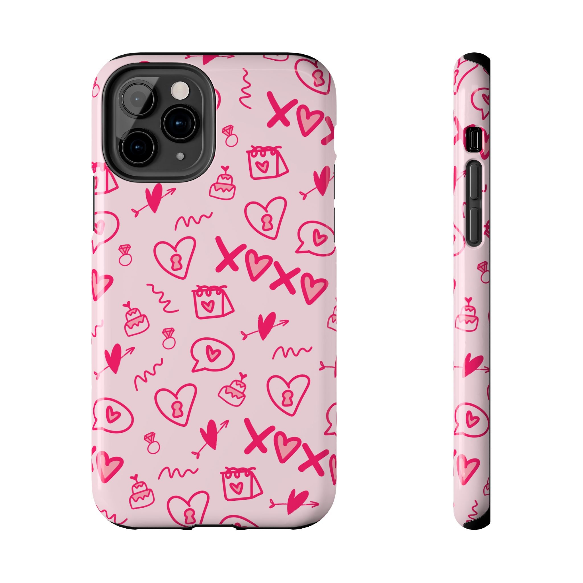 Pink Doodle Hearts Tough Phone Case — XOXO Love Pattern Protective Cover