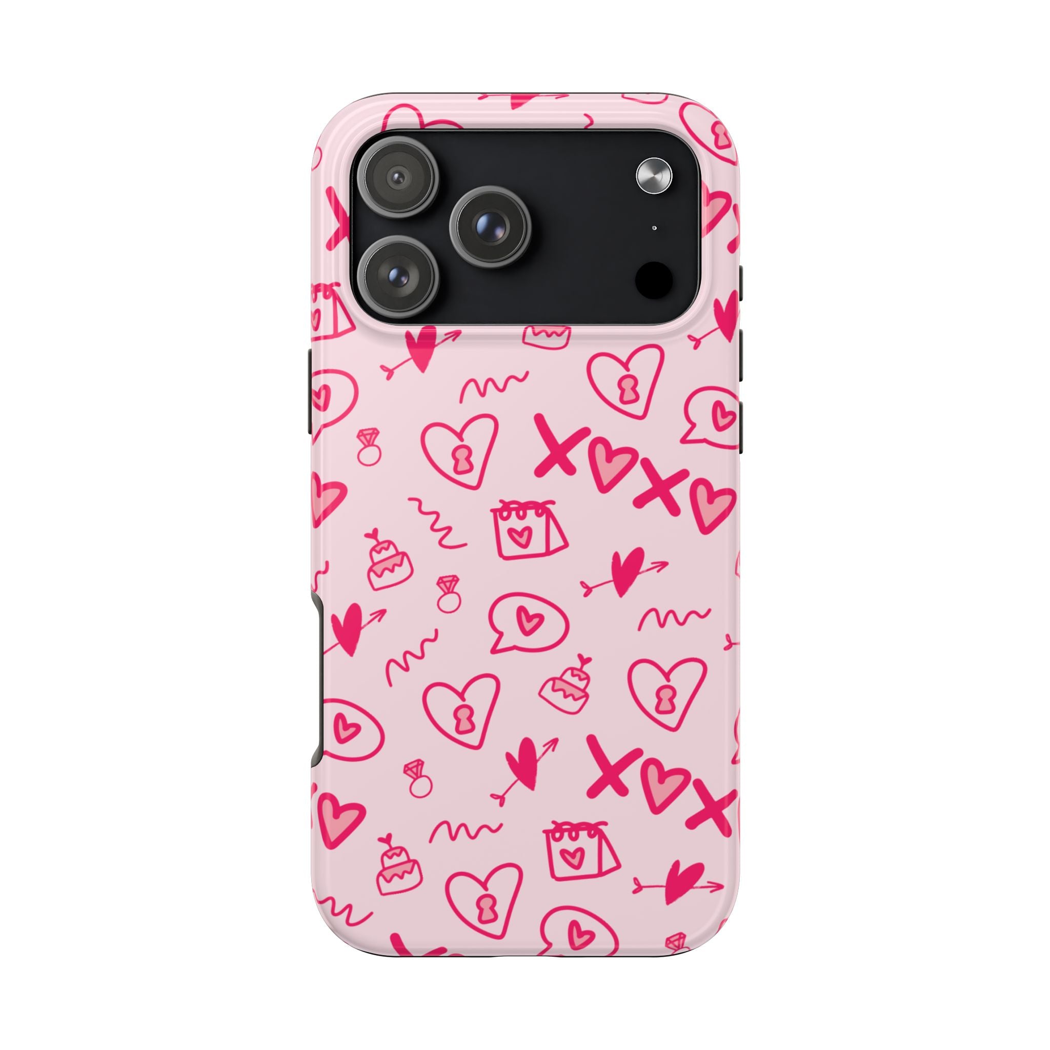 Pink Doodle Hearts Tough Phone Case — XOXO Love Pattern Protective Cover
