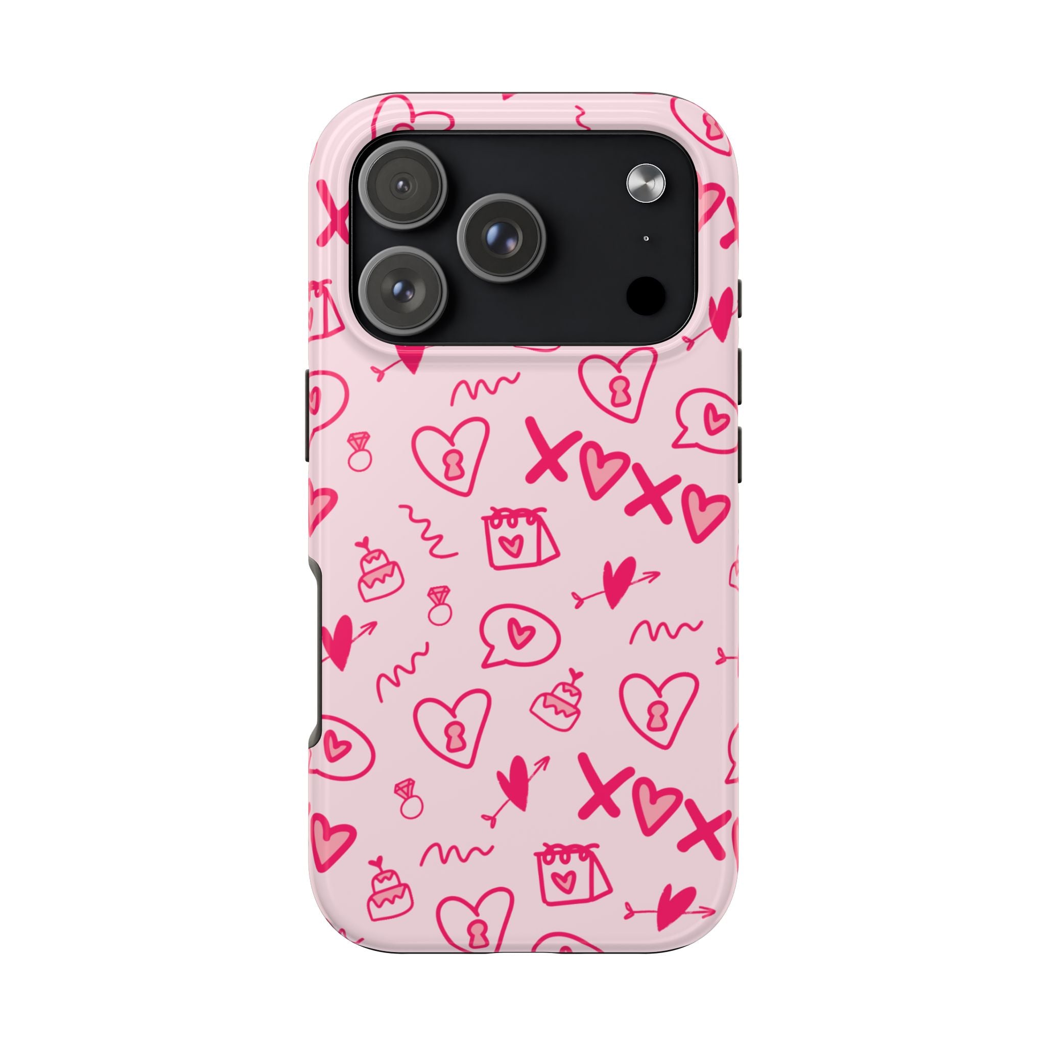 Pink Doodle Hearts Tough Phone Case — XOXO Love Pattern Protective Cover