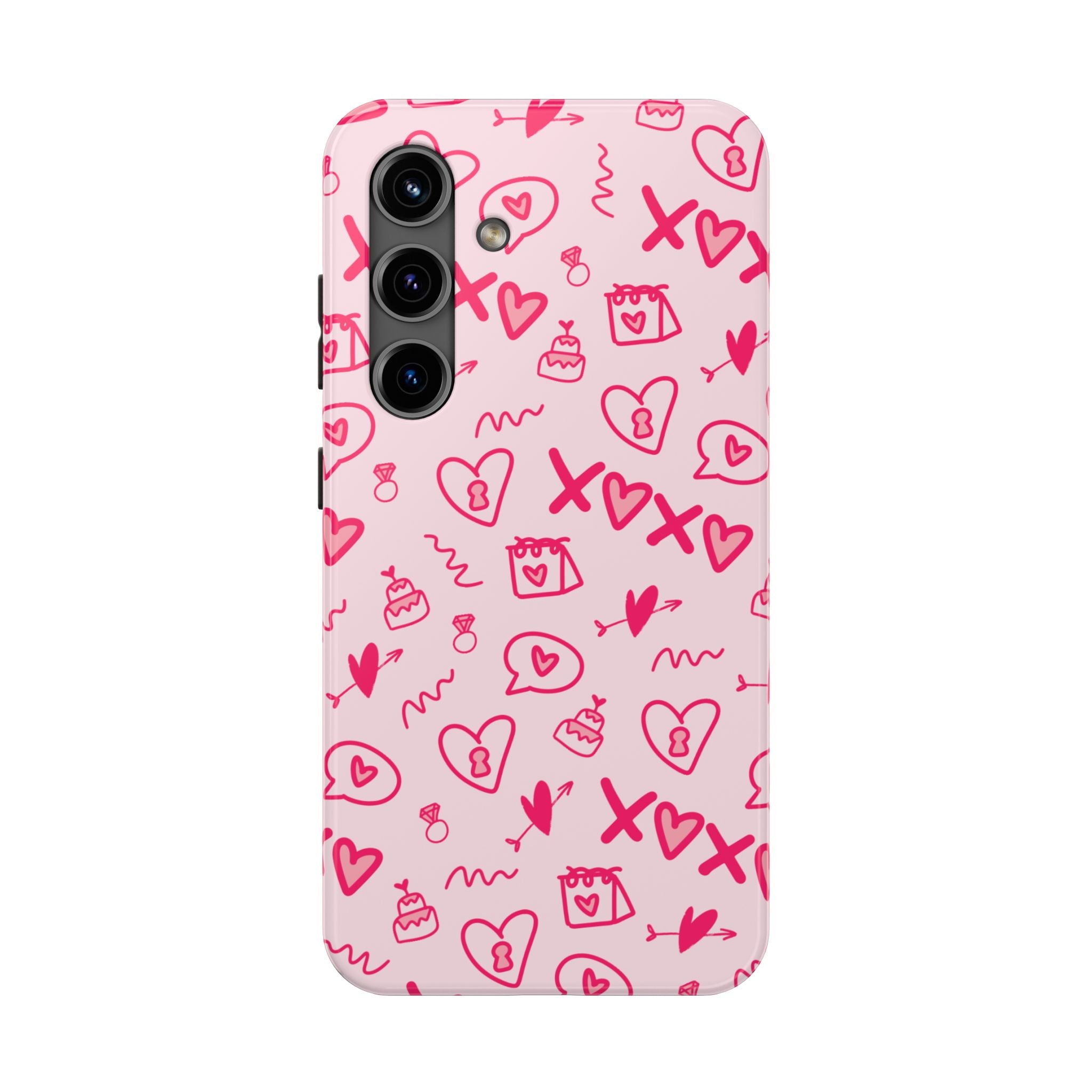 Pink Doodle Hearts Tough Phone Case — XOXO Love Pattern Protective Cover