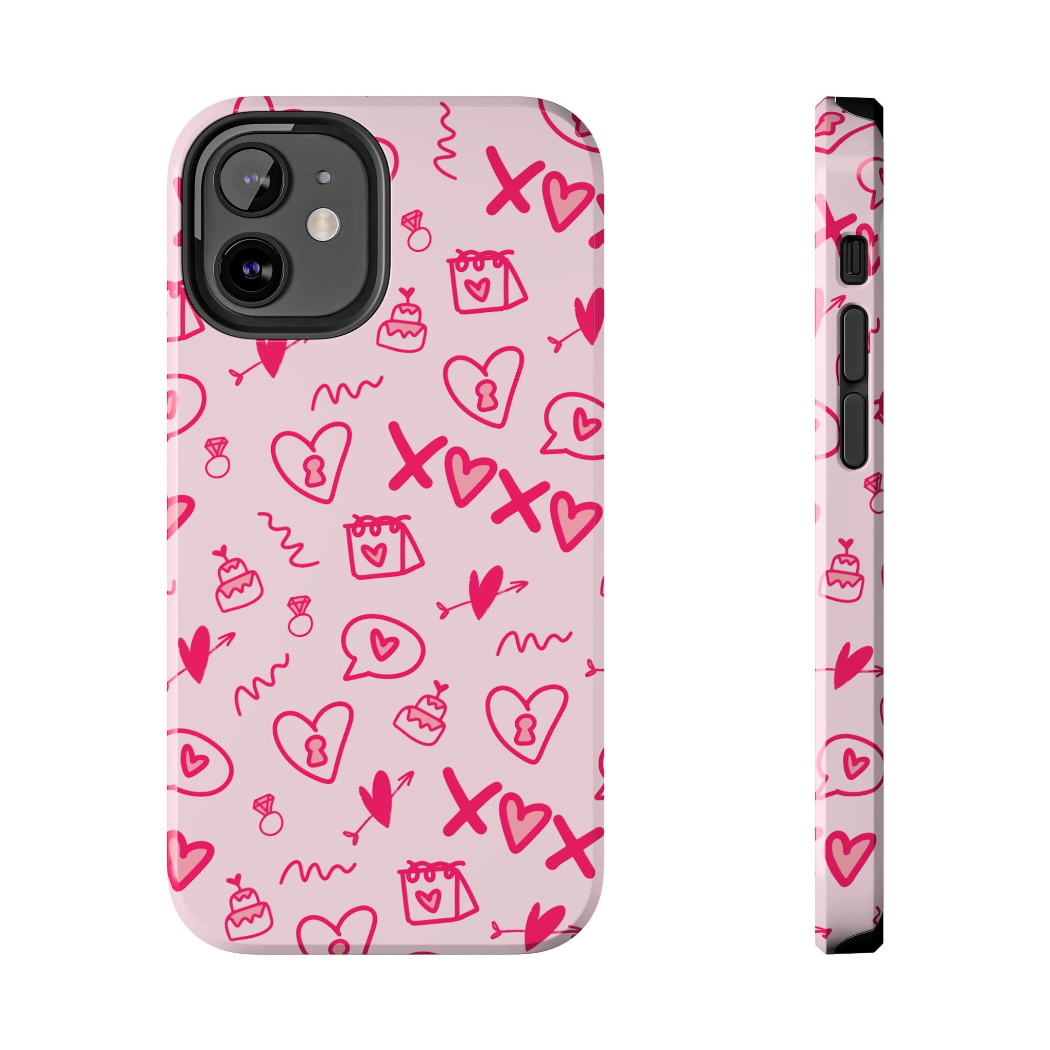 Pink Doodle Hearts Tough Phone Case — XOXO Love Pattern Protective Cover
