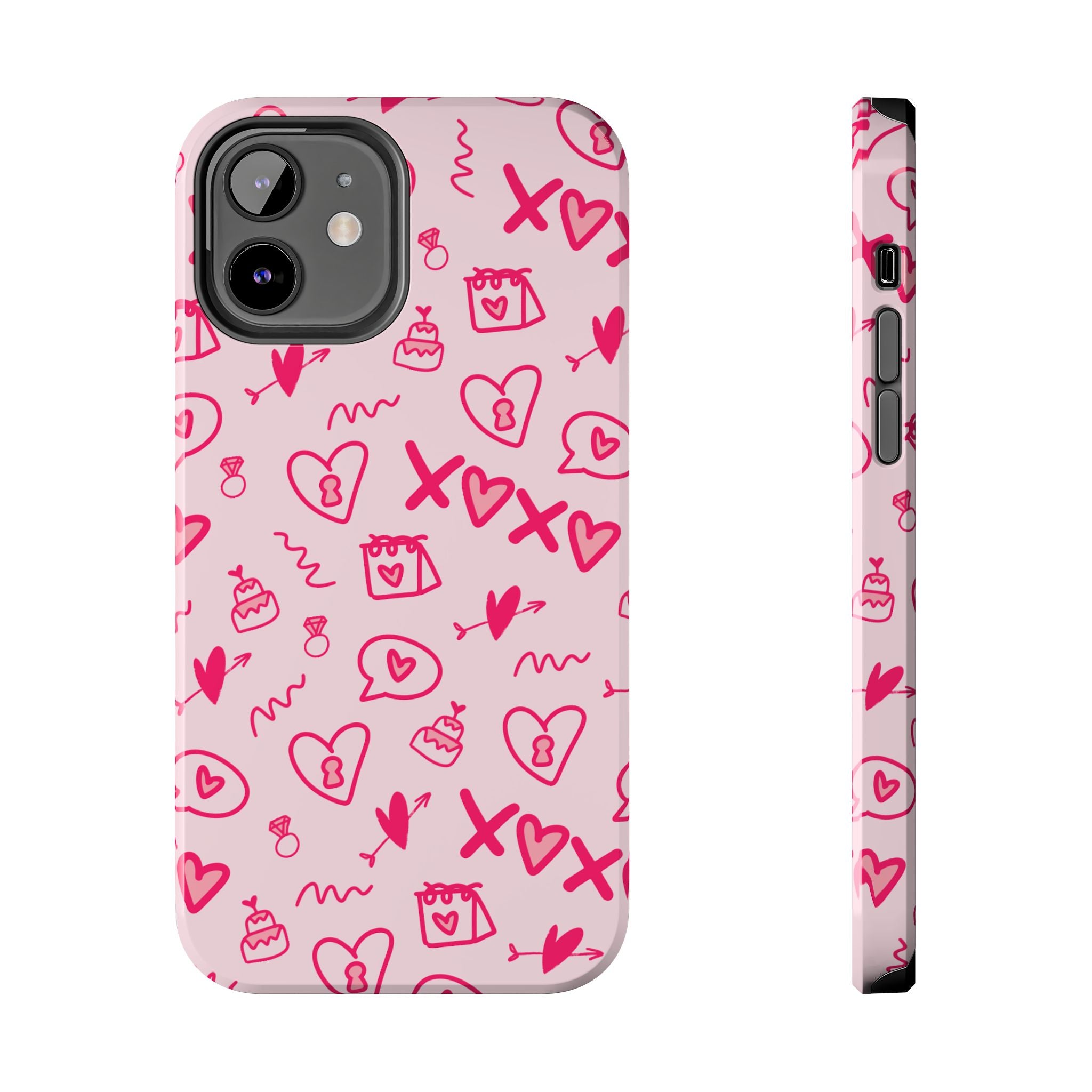 Pink Doodle Hearts Tough Phone Case — XOXO Love Pattern Protective Cover