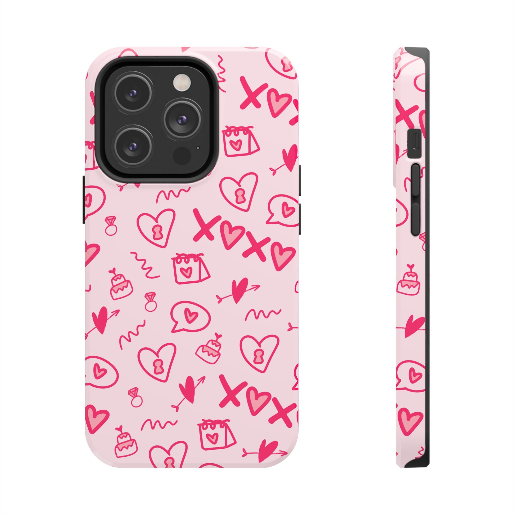Pink Doodle Hearts Tough Phone Case — XOXO Love Pattern Protective Cover