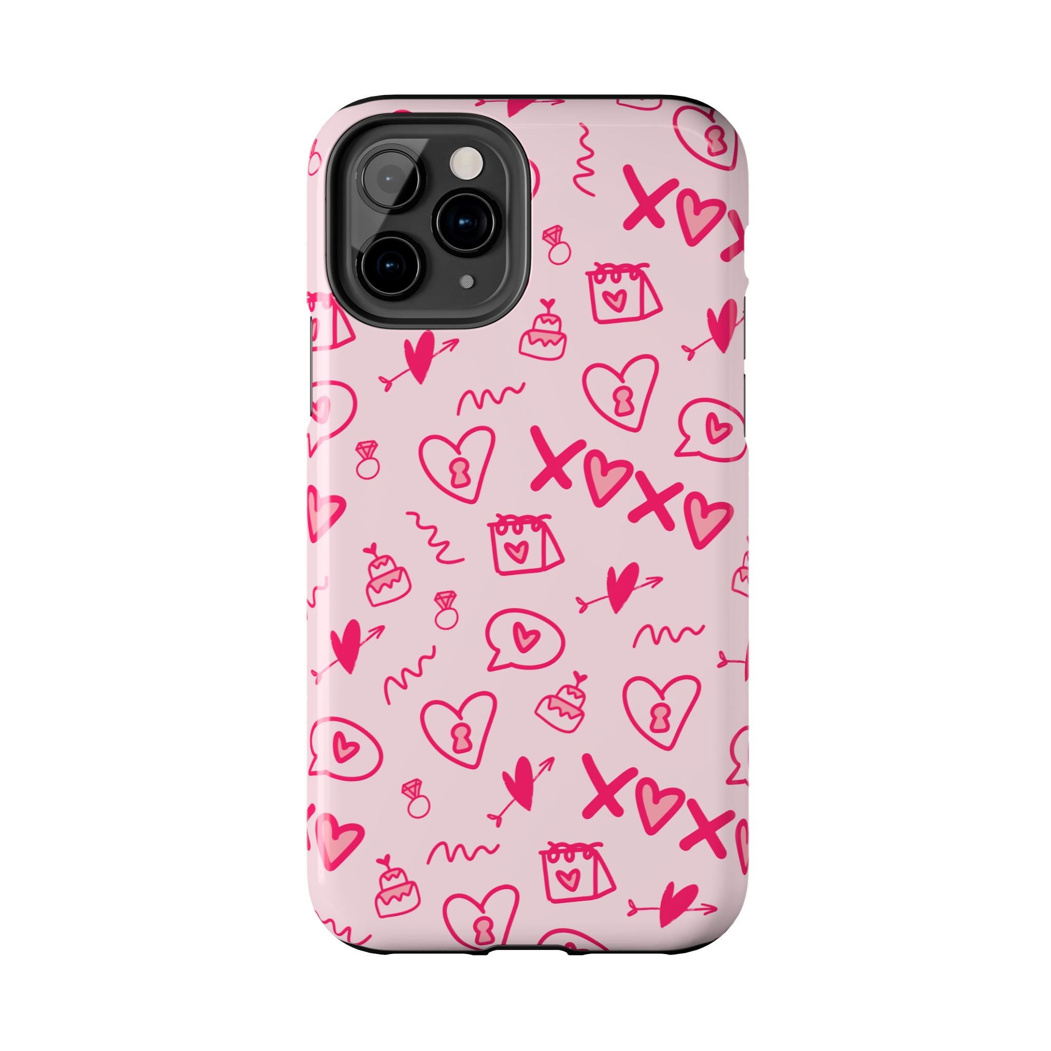 Pink Doodle Hearts Tough Phone Case — XOXO Love Pattern Protective Cover
