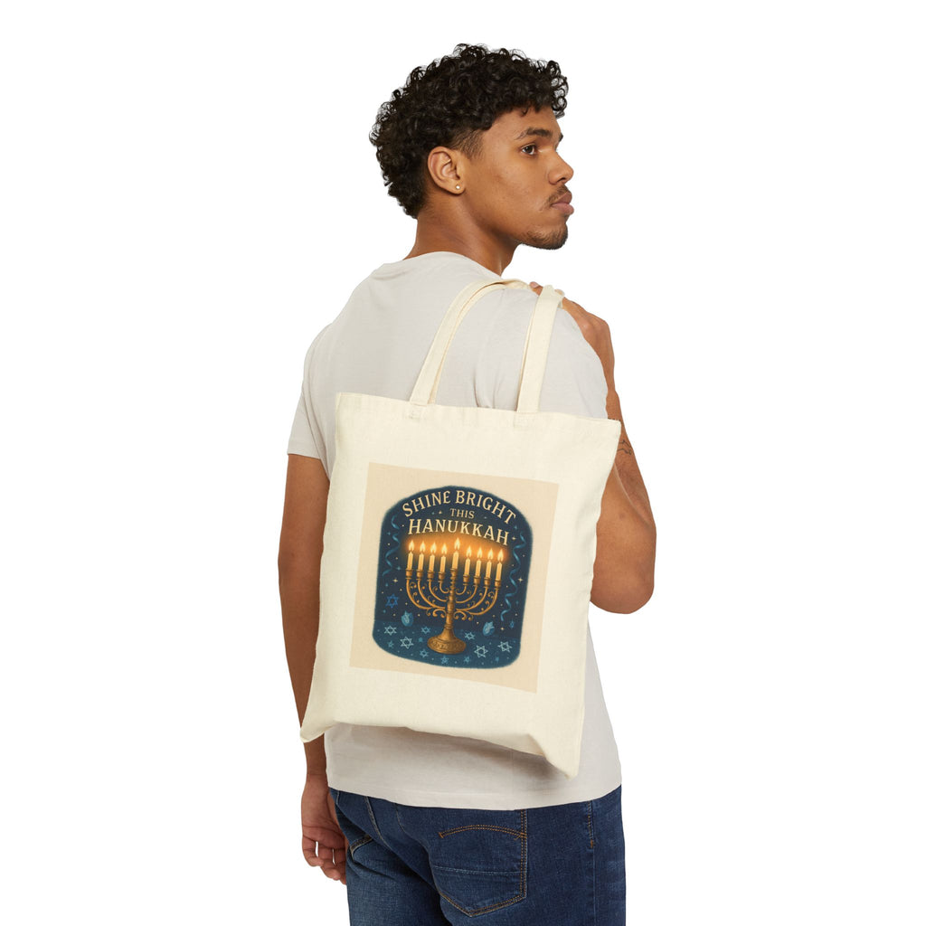 Hanukkah Menorah Tote Bag — "Shine Bright This Hanukkah" Cotton Canvas Gift Tote