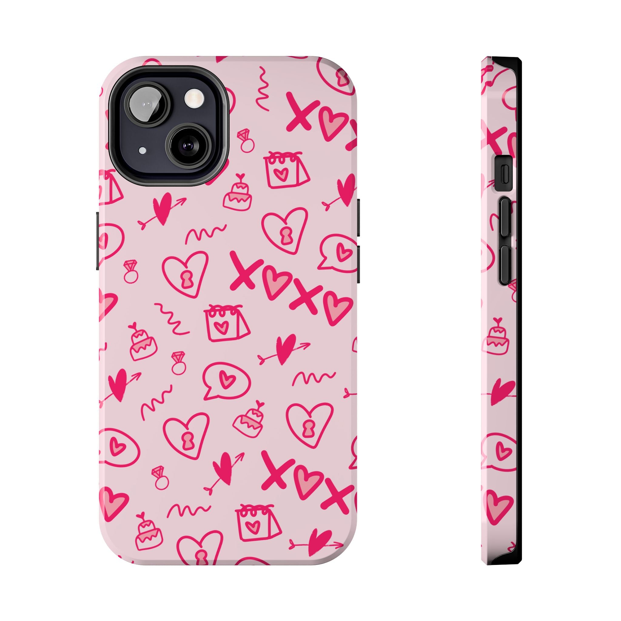 Pink Doodle Hearts Tough Phone Case — XOXO Love Pattern Protective Cover