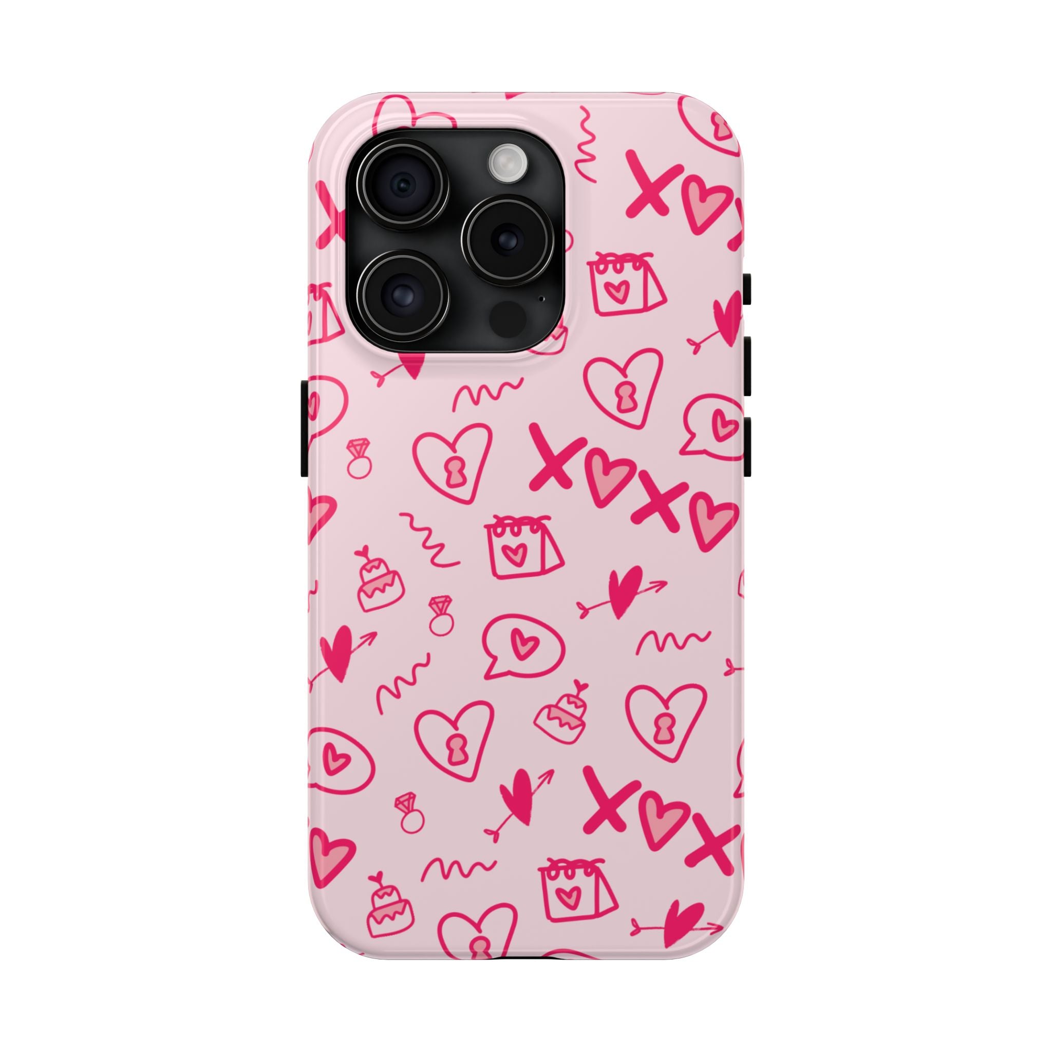 Pink Doodle Hearts Tough Phone Case — XOXO Love Pattern Protective Cover