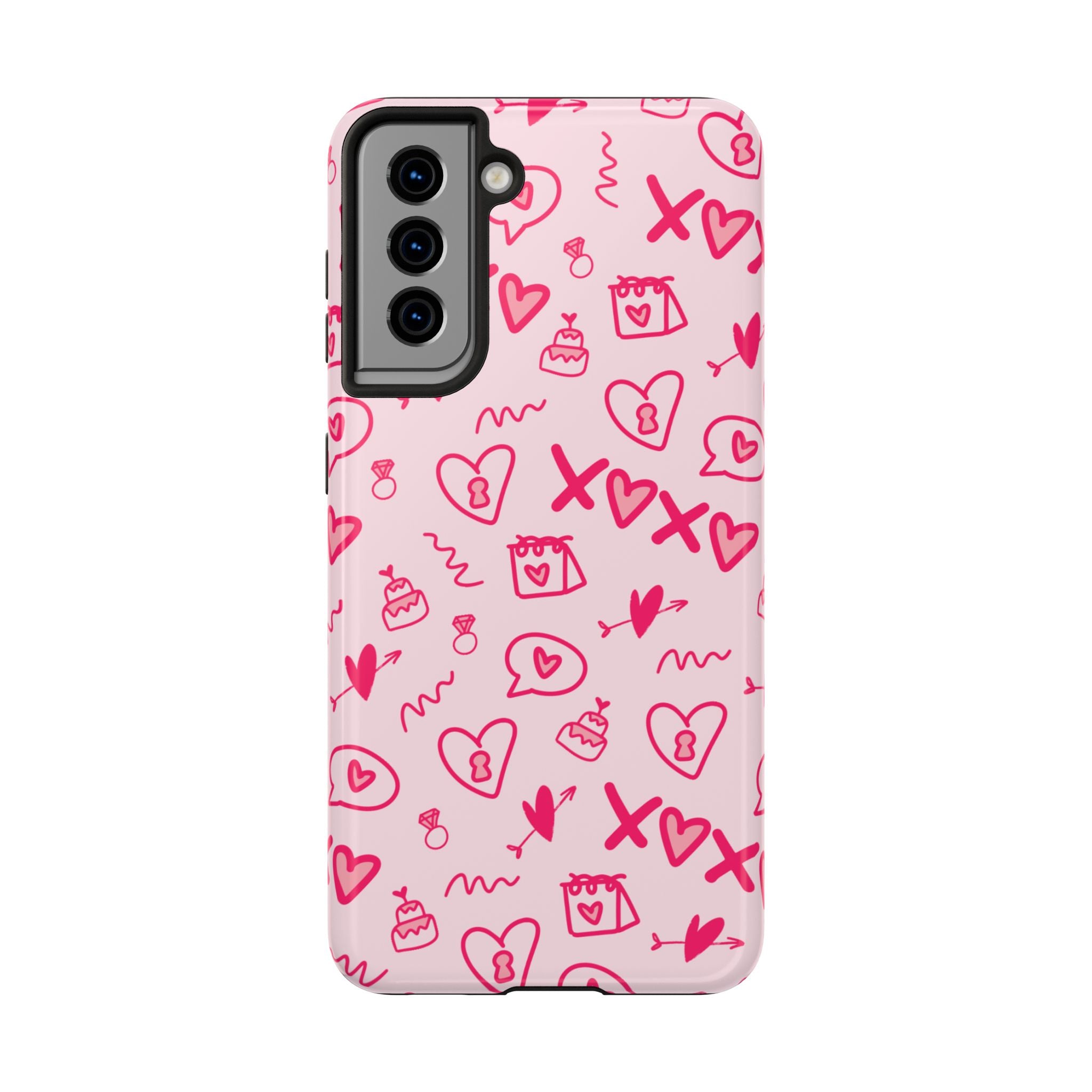 Pink Doodle Hearts Tough Phone Case — XOXO Love Pattern Protective Cover