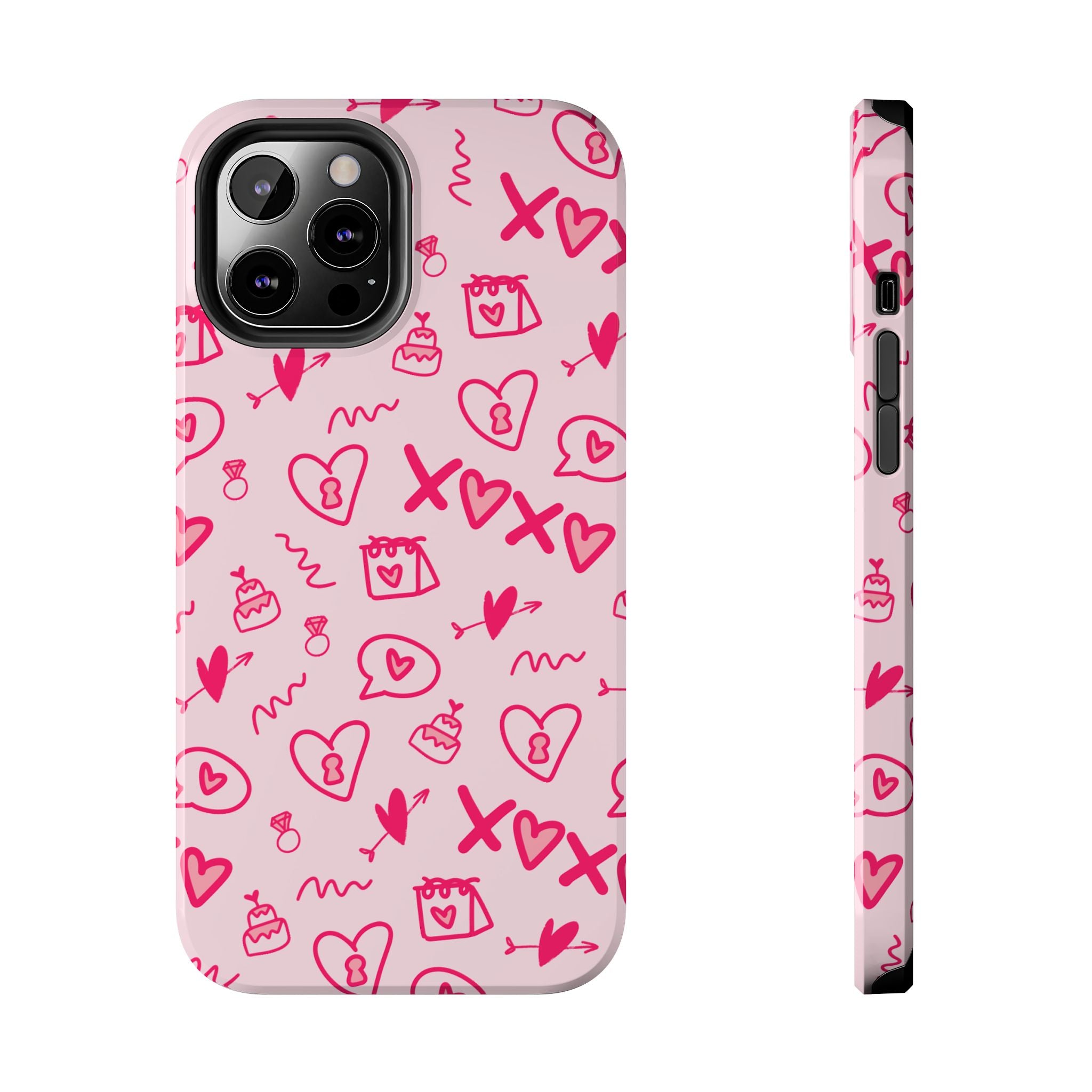 Pink Doodle Hearts Tough Phone Case — XOXO Love Pattern Protective Cover