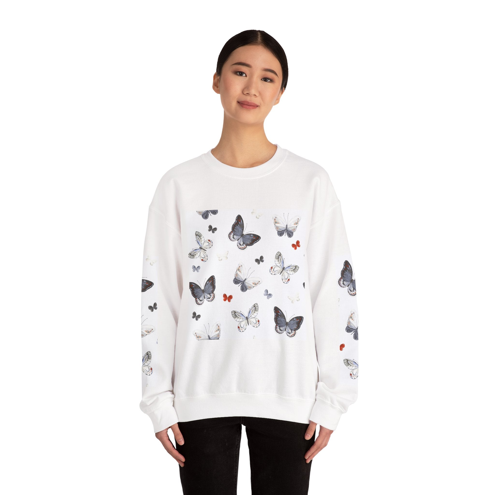 Butterfly Pattern Crewneck Sweatshirt — Delicate Moth & Butterfly Graphic Pullover