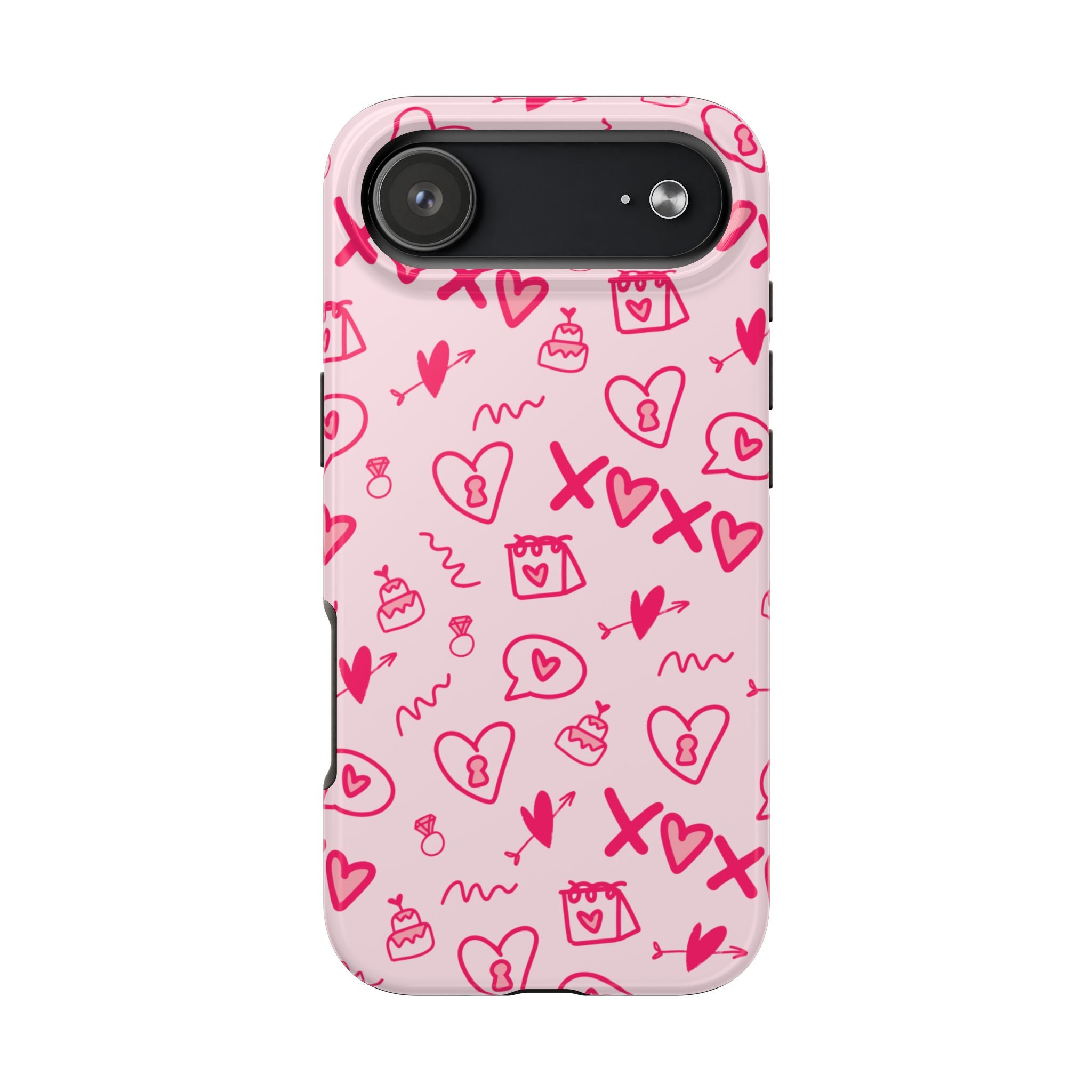 Pink Doodle Hearts Tough Phone Case — XOXO Love Pattern Protective Cover