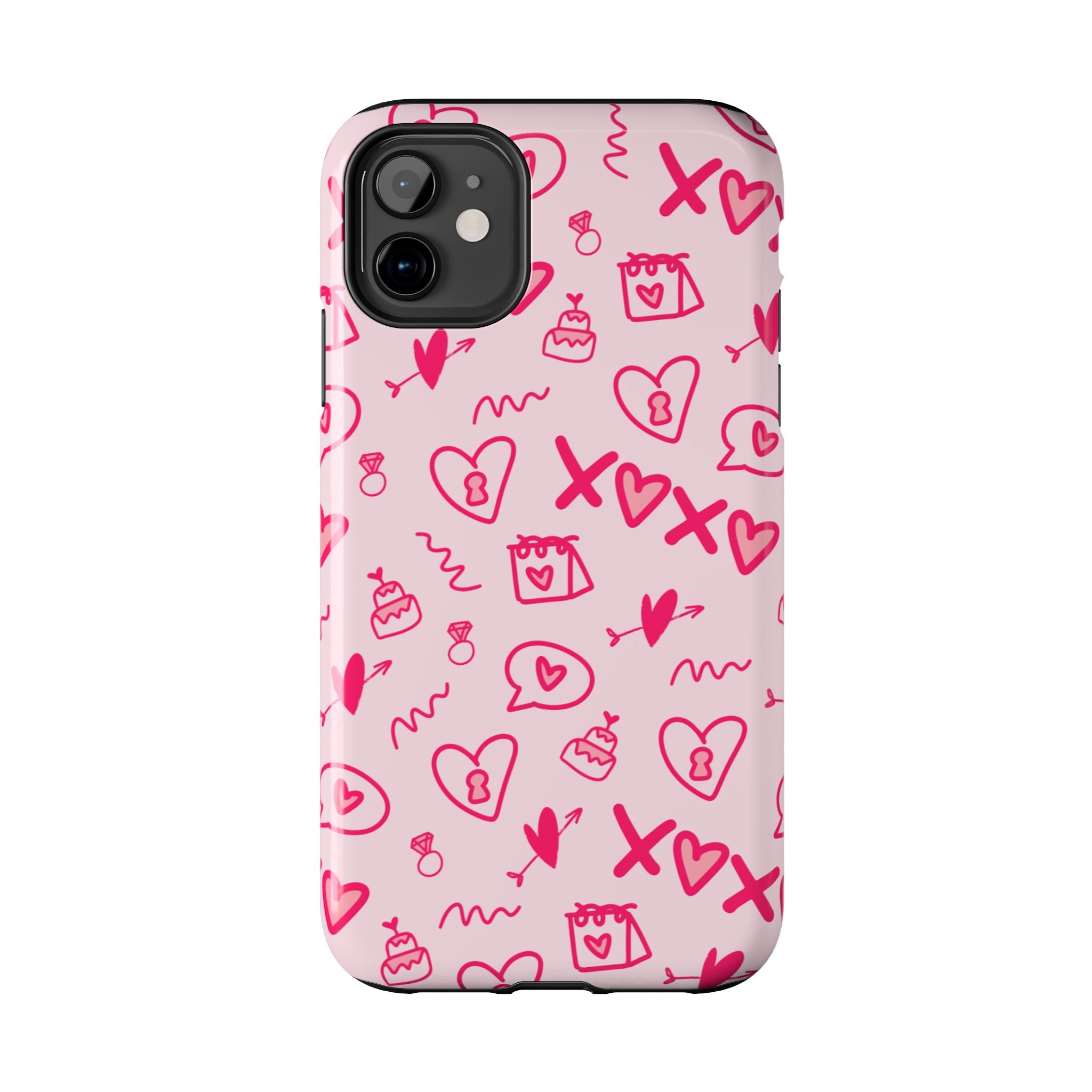 Pink Doodle Hearts Tough Phone Case — XOXO Love Pattern Protective Cover