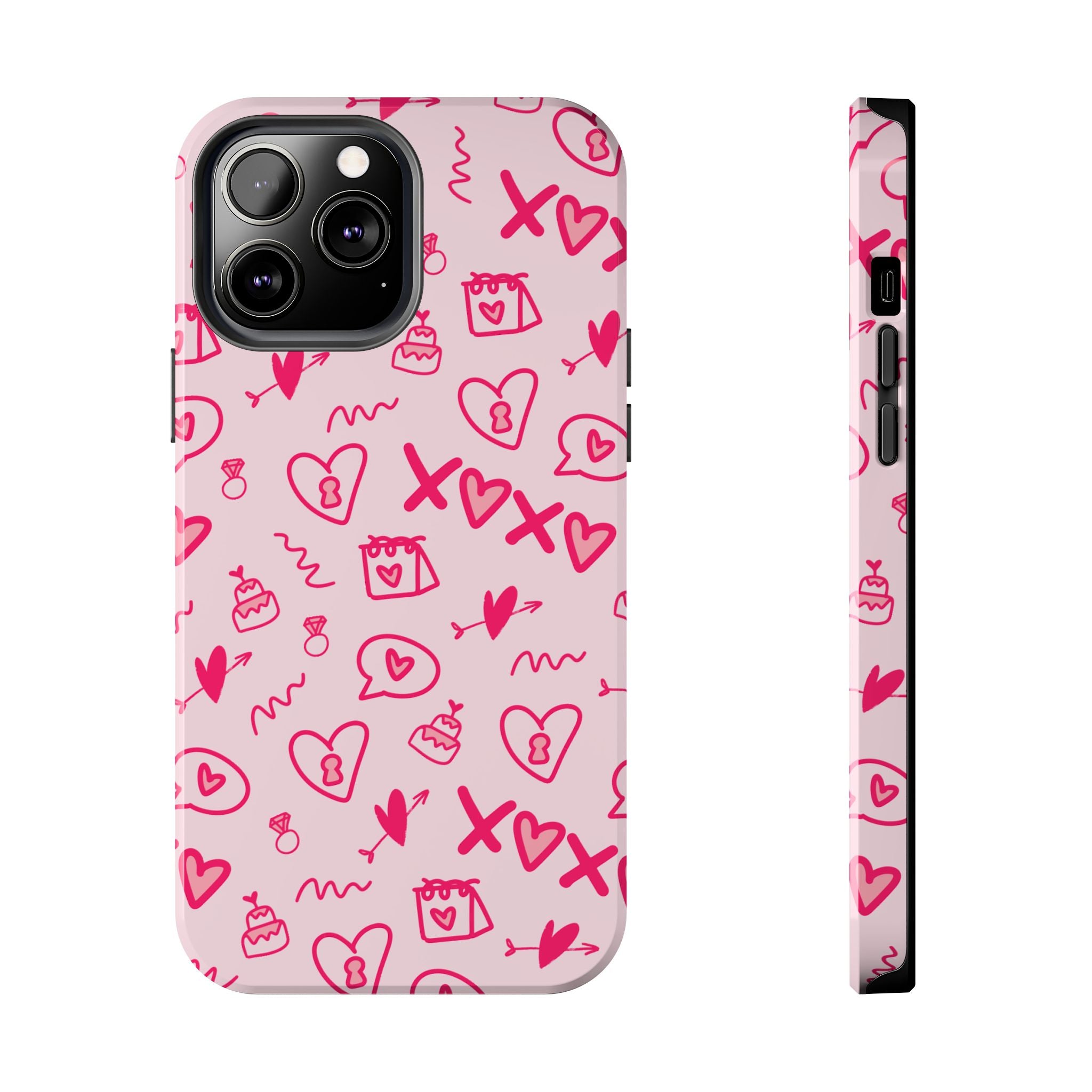 Pink Doodle Hearts Tough Phone Case — XOXO Love Pattern Protective Cover