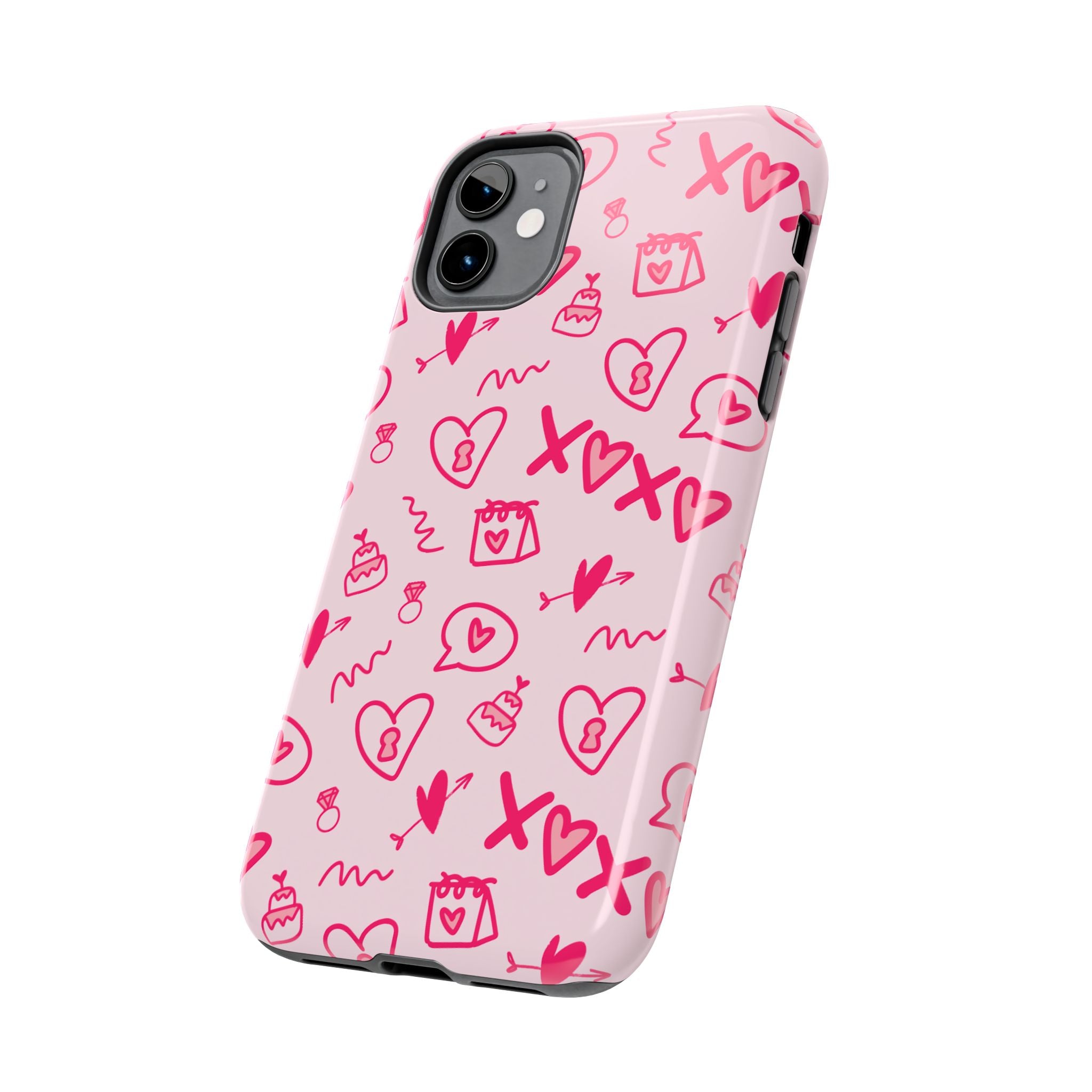 Pink Doodle Hearts Tough Phone Case — XOXO Love Pattern Protective Cover