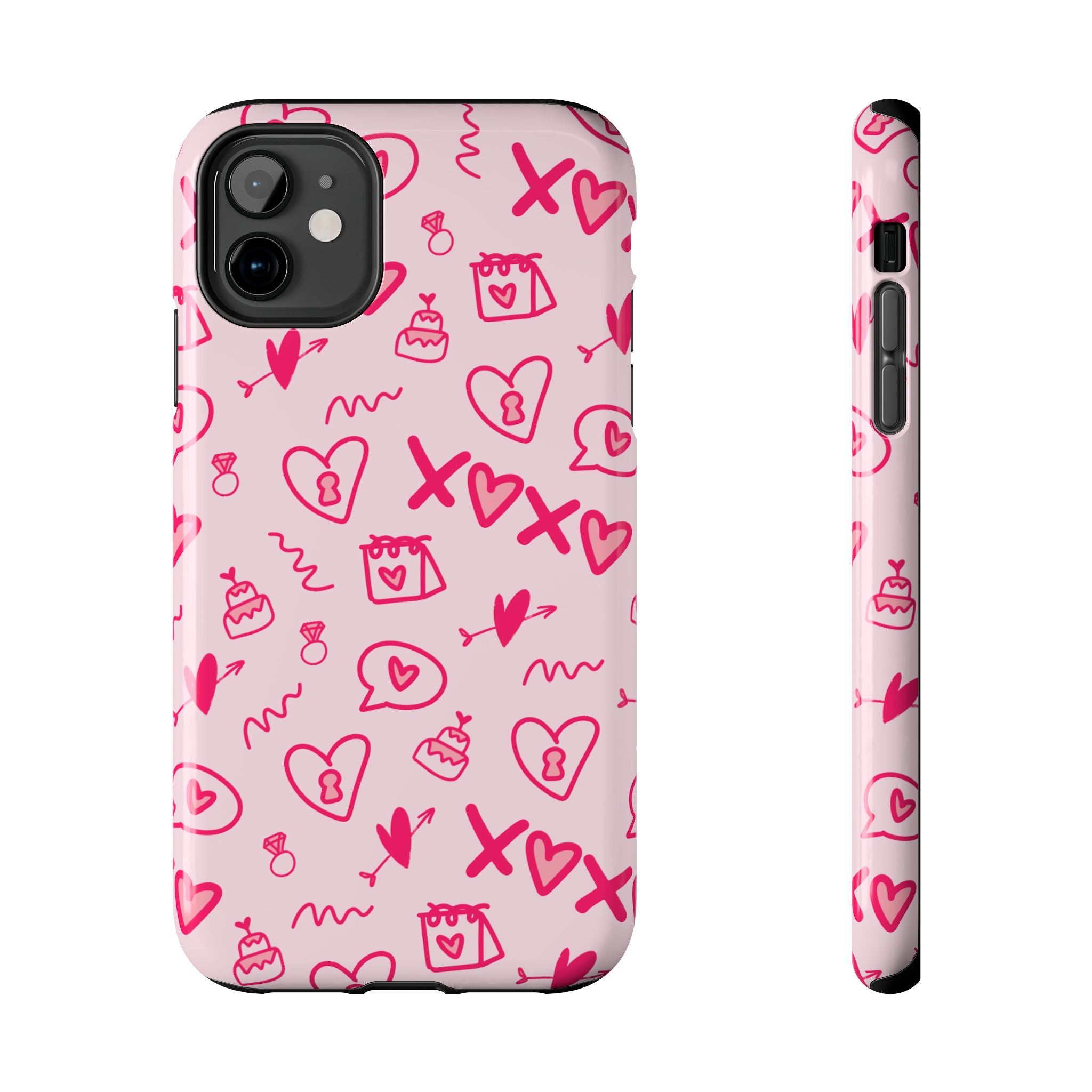 Pink Doodle Hearts Tough Phone Case — XOXO Love Pattern Protective Cover