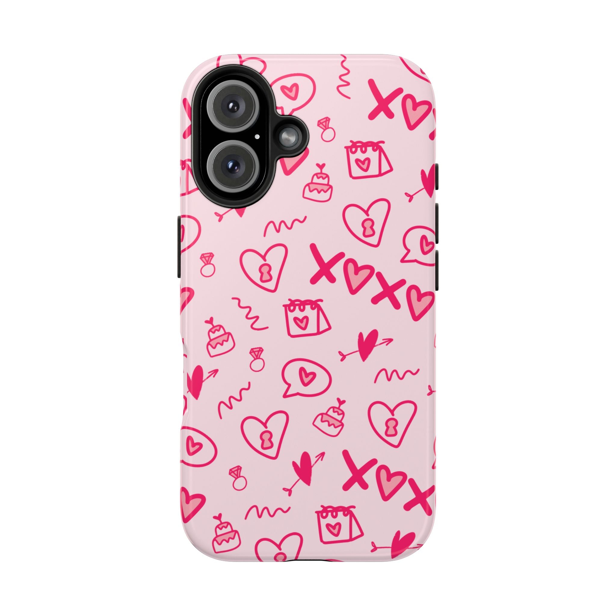 Pink Doodle Hearts Tough Phone Case — XOXO Love Pattern Protective Cover